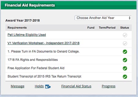image of finainical aid requirements area in myvcccd portal