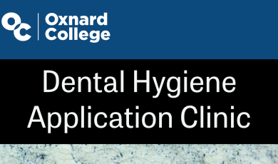 image with white Oxnard College stacked logo on left side with dark blue background. Black text box outlining white font lettering that states "Dental Hygiene Application Clinic". Bottom of image shows white background with blue blurred texture.