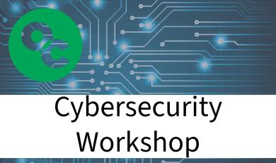 white and gray computer networking graphic with navy blue background. Text states: Cybersecurity Workshop in black font with white band shape. Green OC circle logo in upper left corner.