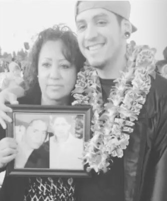 Edgar Gonzalez with Mom Catalina holding a photo of Edgar's father, Roberto