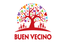 Buen Vecino logo in red font with tree logo in left corner with different colored hearts as leaves