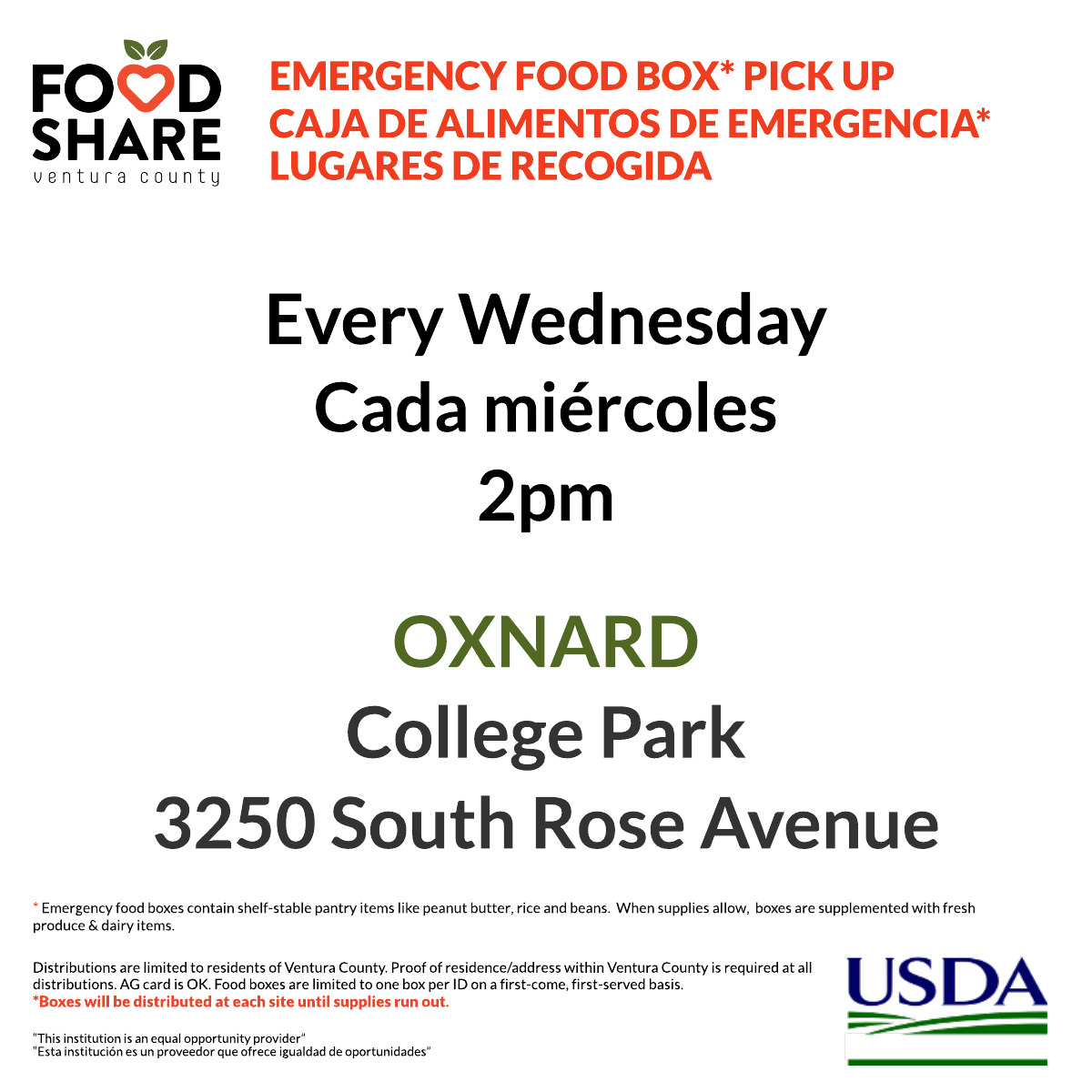 Weekly food share distribution at college park at 2pm every Wednesday.