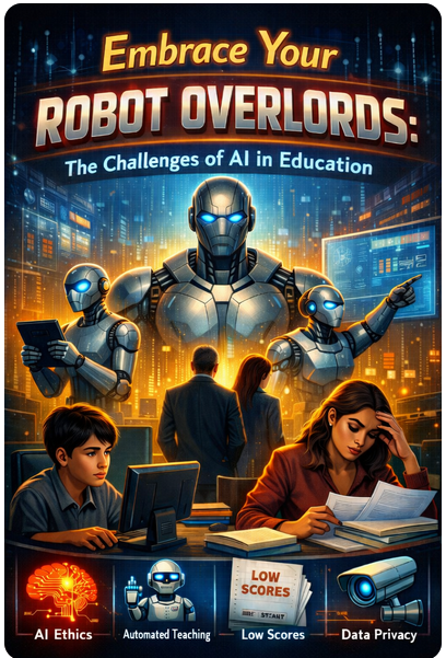 AI Illustration of a futuristic classroom with humanoid robots, digital interfaces, and icons representing challenges of AI in education. Text reads: Embrace Your Robot Overlords: The Challenges of AI in Education, AI Ethics, Automated Teaching, Low Scores, and Data Privacy