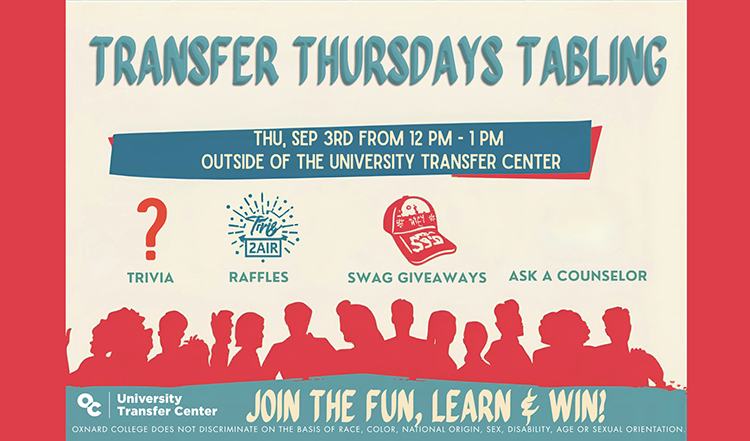 “Transfer Thursdays Tabling” event this Thursday, Sept. 3rd, from 12pm - 1pm in front of the University Transfer Center.&nbsp;