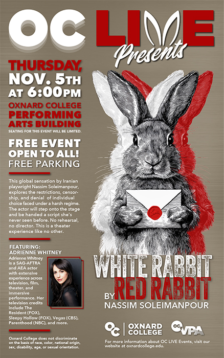 Flyer to promote the OC LIVE event "White Rabbit, Red Rabbit" with the visual of a rabbit with dual personalities holding a sealed envelope.