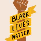 Illustrative dark skinned arm with a ribbon around it that says "Black Lives Matter"