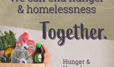 Hands holding a paper bag filled with groceries with text &q