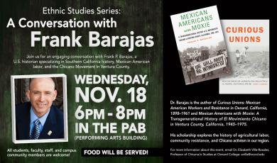 Ethnic Studies Series: A conversation with Frank Barajas with a headshot of Frank Barajas and his two books.