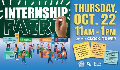 Chalk board sign that reads: Internship Fair Thursday, Oct. 22nd 11am - 1pm at the clock tower.