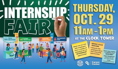 Chalk board sign that reads: Internship Fair Thursday, Oct. 29th 11am - 1pm at the clock tower.