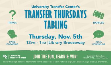 Transfer Thursdays Tabling event on Thursday, Nov. 5th, from 12pm - 1pm between Condor Hall and the Library — in the Library’s breezeway. 
