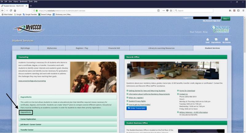 fig. 03 DegreeWorks Button in Student Services Tab