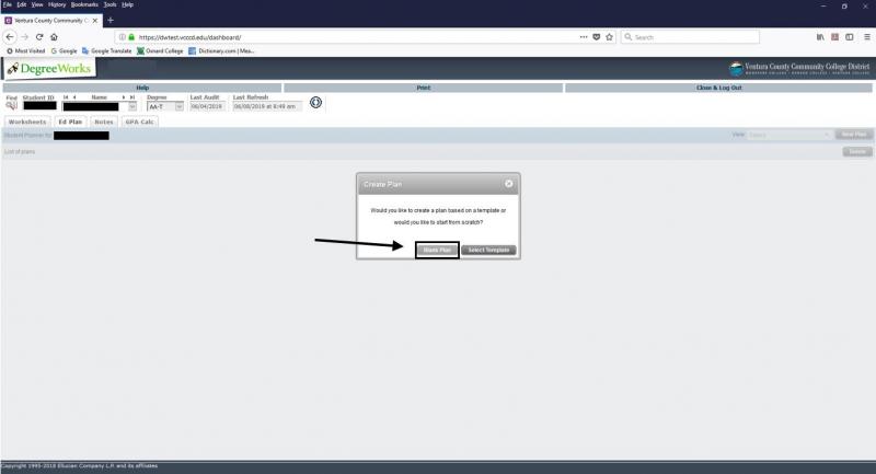 fig. 06 DegreeWorks Create Plan Dialog Box