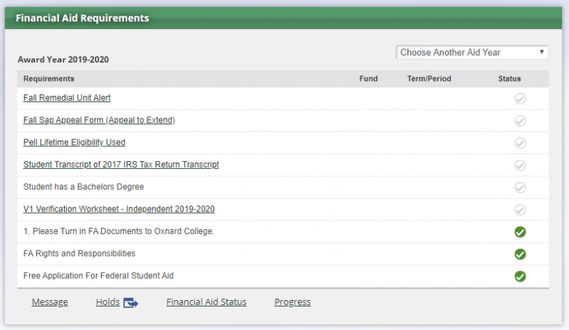image of finainical aid requirements area in myvcccd portal