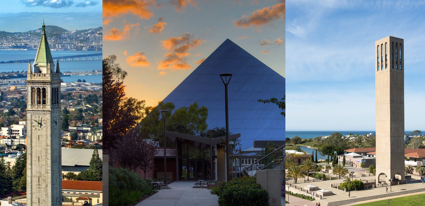 three photo collage showing UC Berkeley Campanile, CSULB Walter Pyramid, and UCSB Storke Tower