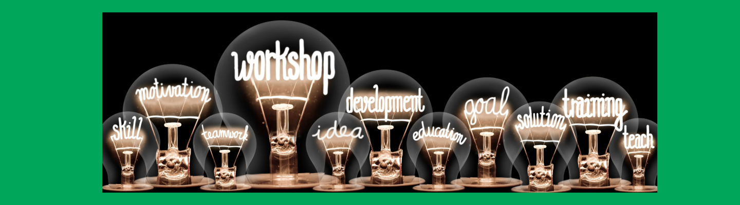 green background with image showing lightbulbs of various sizes. Each lightbulb contains a word written within the filament of the bulb. Lightbulb words show: skill, motivation, teamwork, workshop, idea, development, education, goal, solution, training, teach.