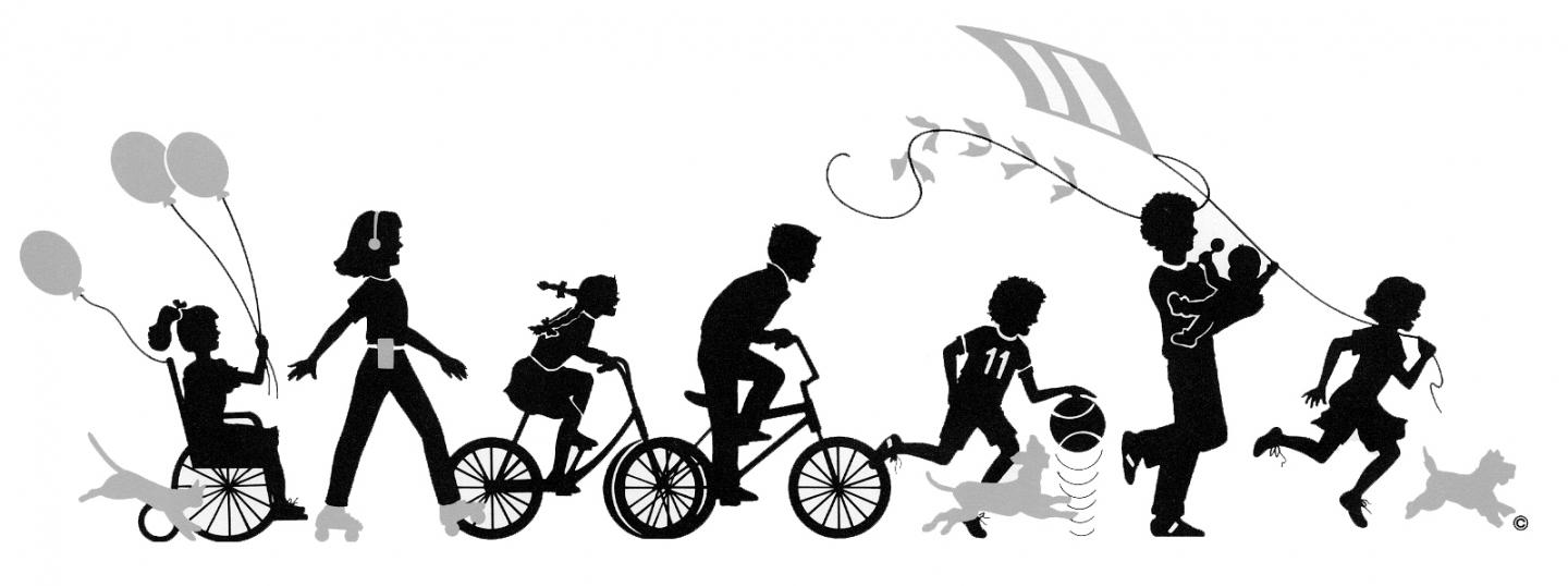 FKCE logo black & grey silhouette of children, some on bikes, a wheelchair, skates, or running, some holding balloons or a kite, with dogs and cats alongside