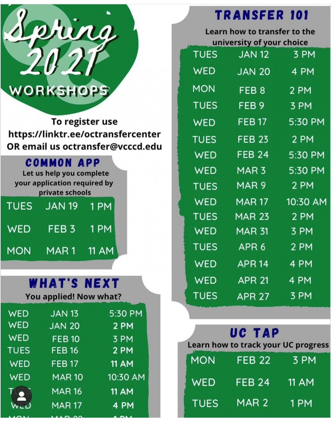OC Transfer Spring 2021 Workshops