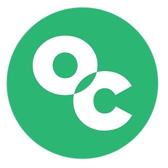 OC logo in white font with green circle background