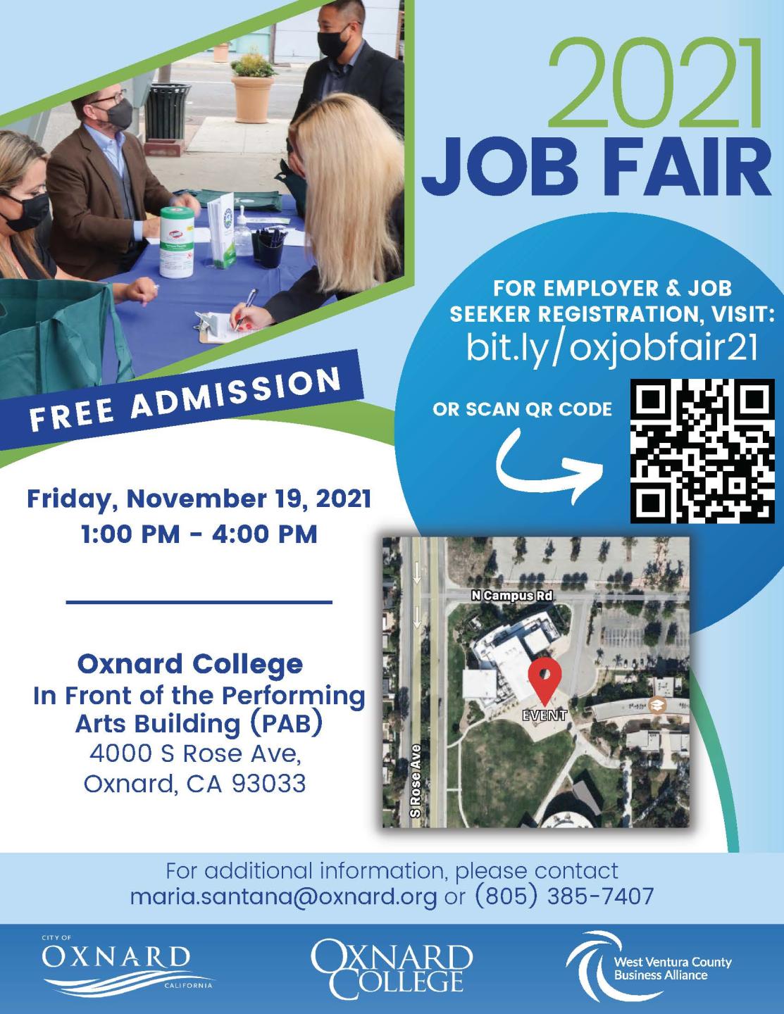 City of Oxnard Job Fair flyer with photo of people talking in an office around a conference table