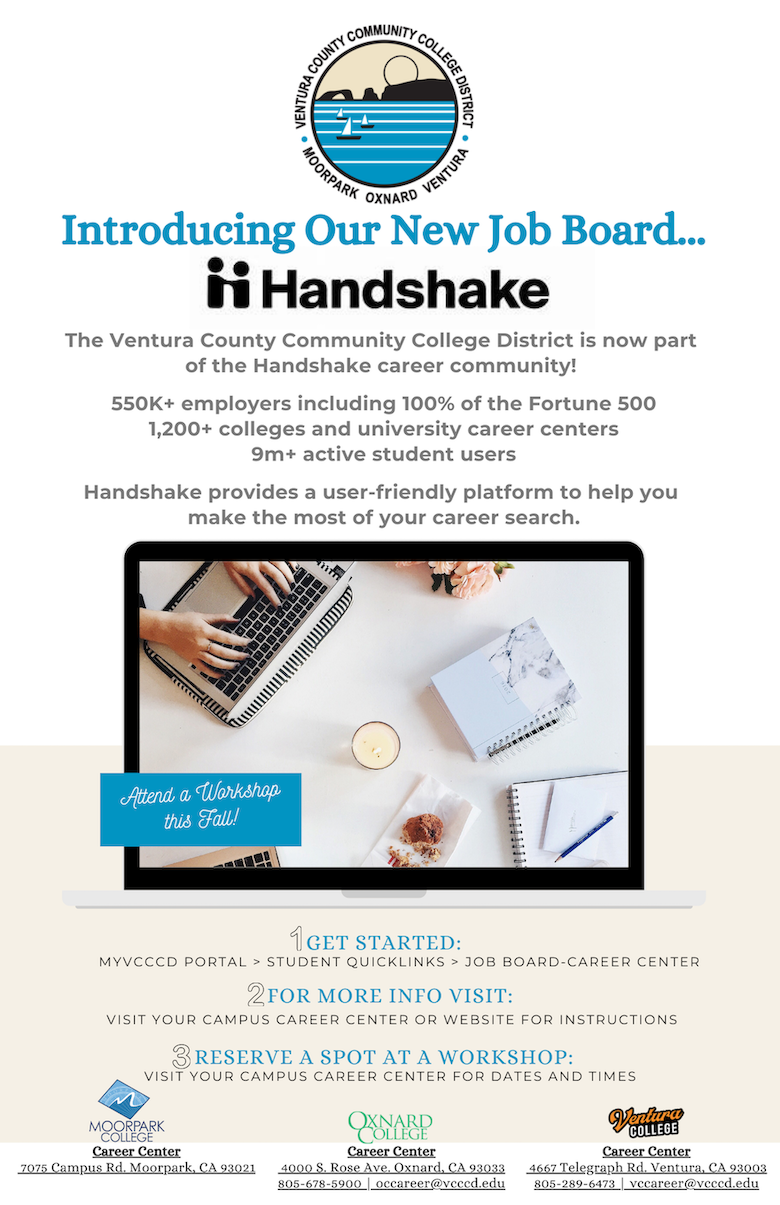 flyer for Handshake online job board with graphic of computer and desk accessories in middle of flyer