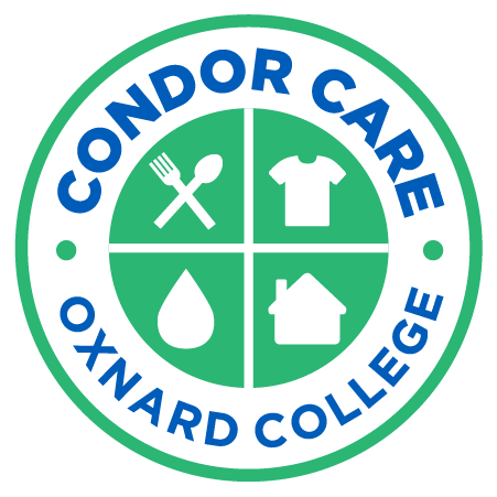 Oxnard College Condor Care Logo with spoon, fork, shirt, water drop, and house icons