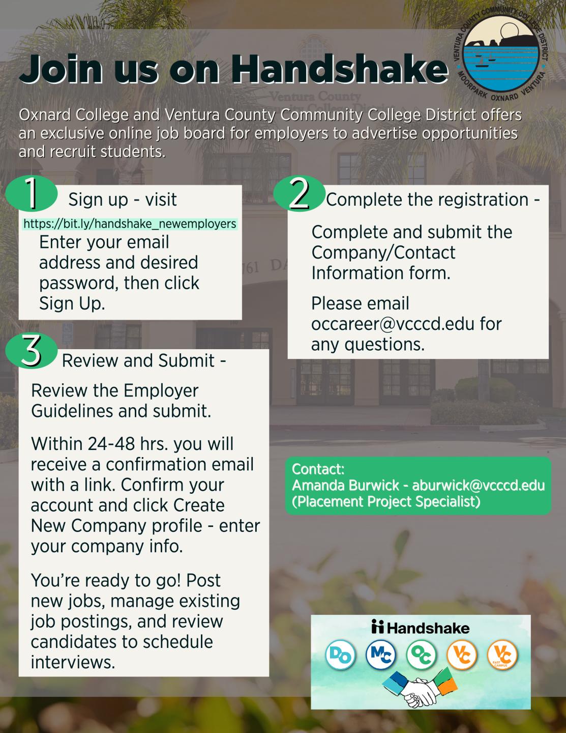 image of VCCCD District building in background with instructions for joining Handshake in a 1-3 steps
