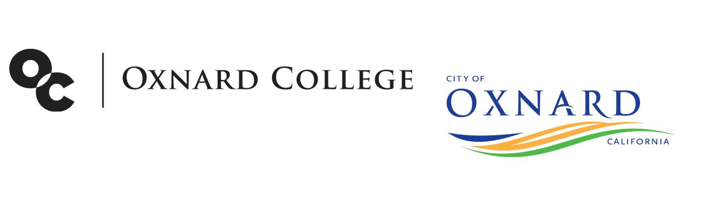 Oxnard College logo in black font and City of Oxnard logo in blue, green, and yellow graphic