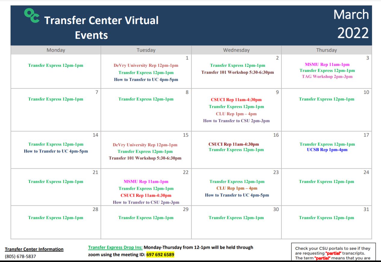 OC Transfer Center March 22 Calendar of Events