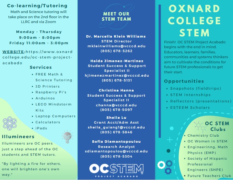 OC STEM Brochure with tutoring hours, services, staff, and OC STEM clubs