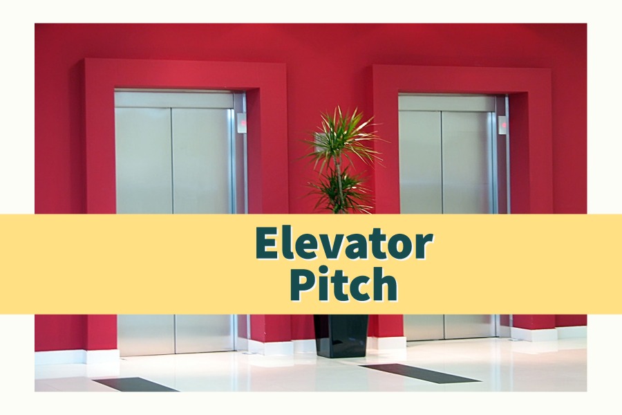 red elevators with silver doors shown shut, and tall planter in the middle