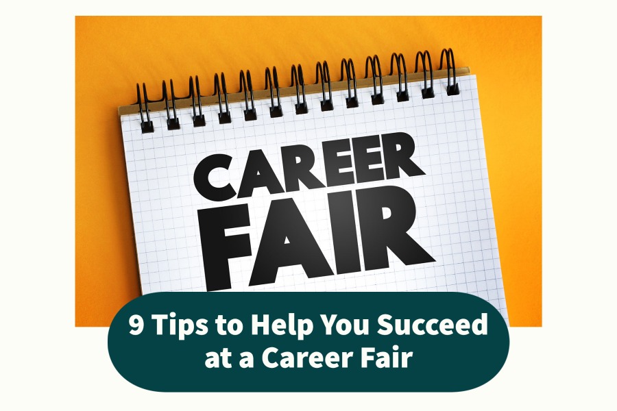 orange background with spiral note pad reading "Career Fair"