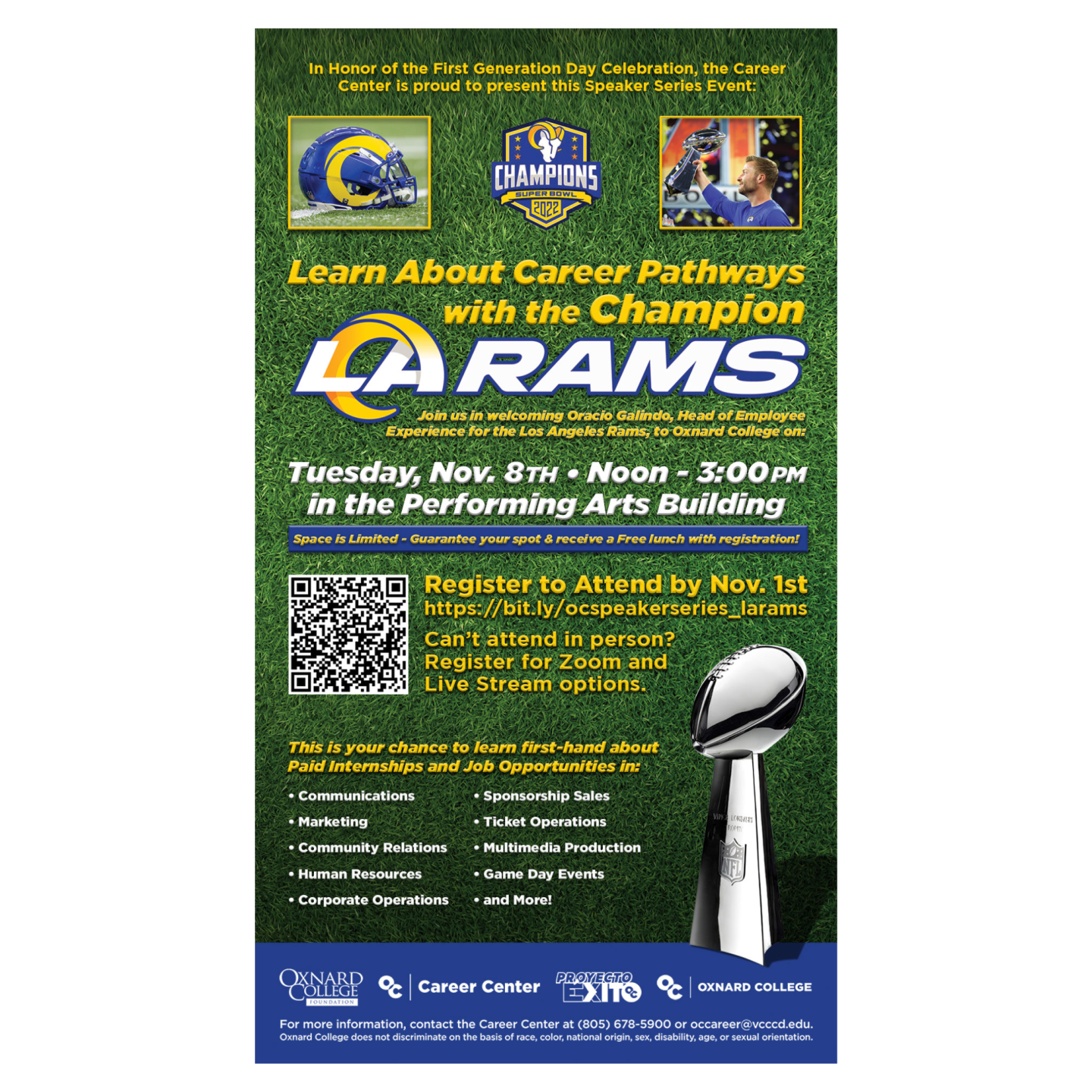 grass background with L.A. Rams images and Super Bowl trophy in bottom right corner