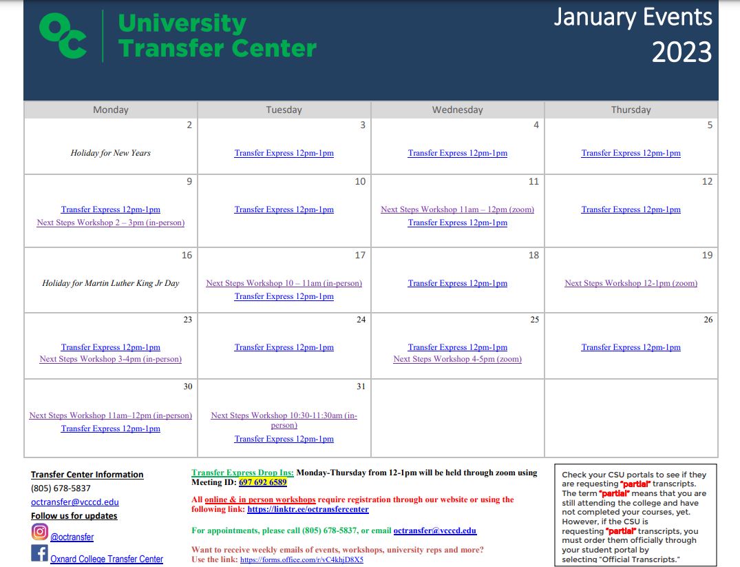 January 2023 Calendar of Events University Transfer Center
