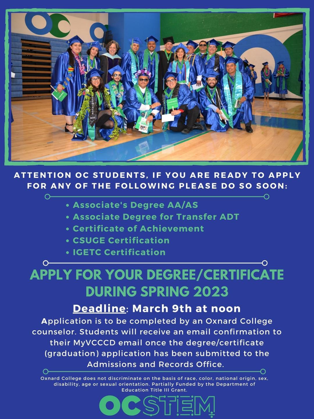 Spring 2023 OC Graduation & Certificate Petition Deadline