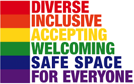 Image with words: Diverse, Inclusive, Accepting, Welcoming, Safe space for everyone