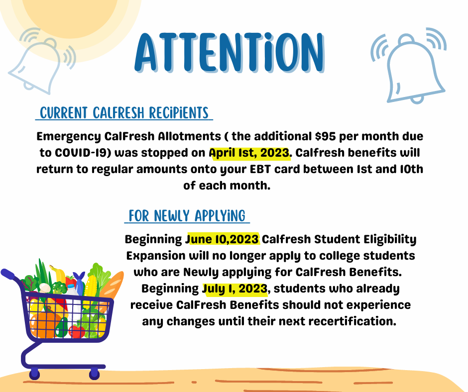 Emergency CalFresh Allotments ( the additional $95 per month due to COVID-19) was stopped on April 1st, 2023. Calfresh benefits will return to regular amounts onto your EBT card between 1st and 10th of each month. 