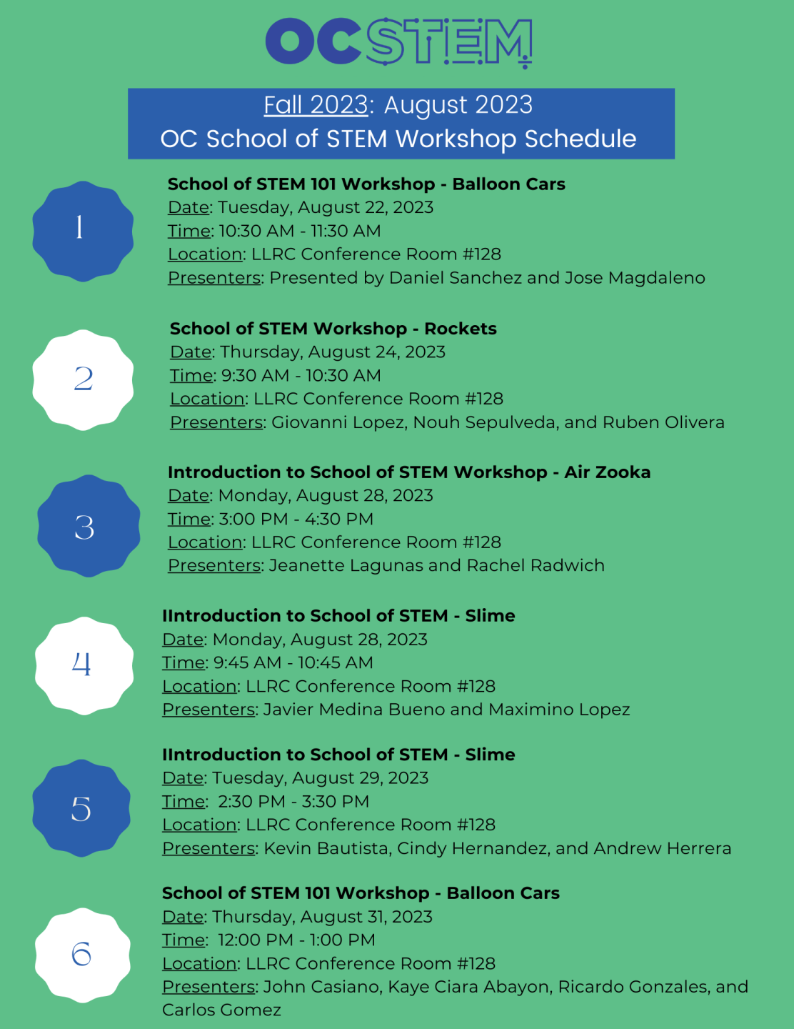 Fall 23 August School of STEM Workshop Schedule
