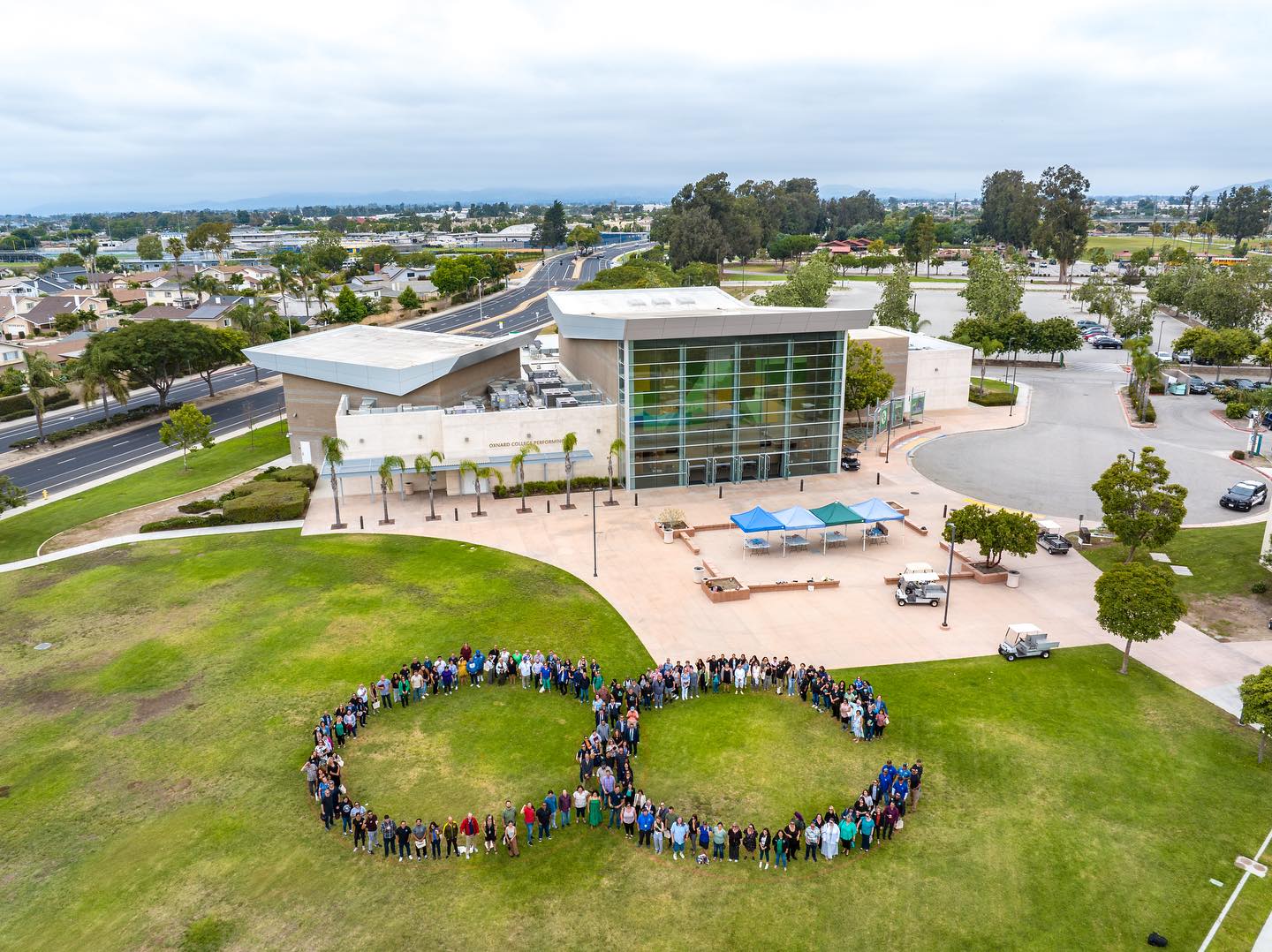 Faculty and Staff arranged in the letters of Oxnard College (OC)