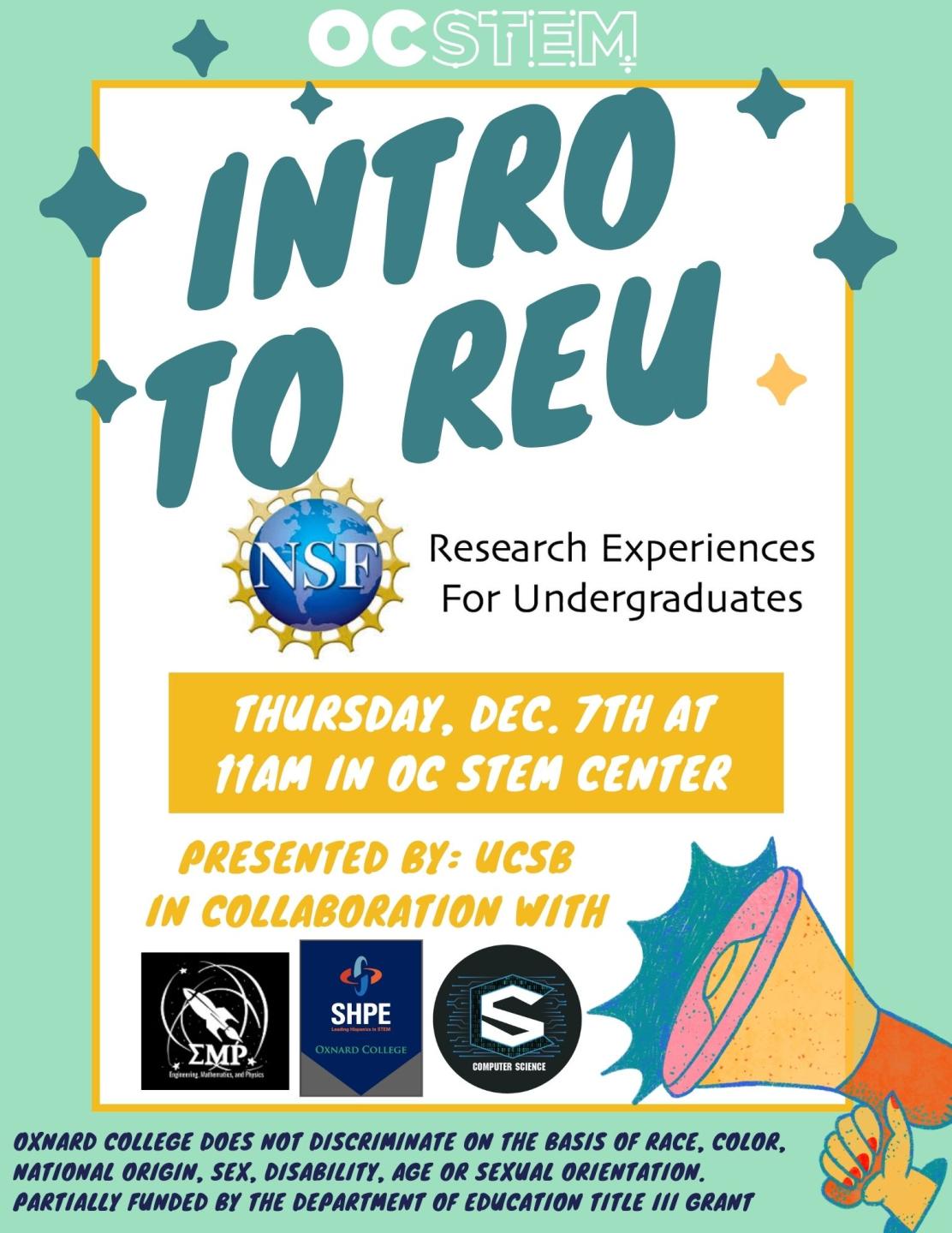 Introduction to REU Flyer for December 7th at 11am in OC STEM Center