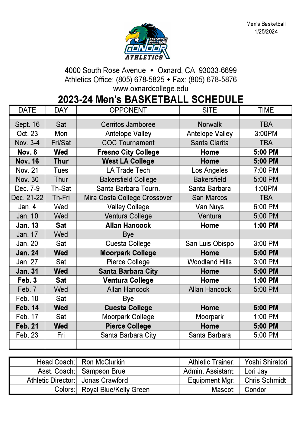 OC Men's Basketball Schedule