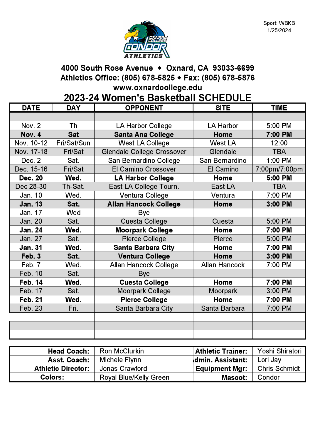 OC Women's Basketball Schedule