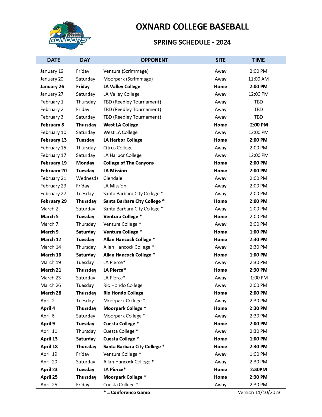 OC Baseball Schedule