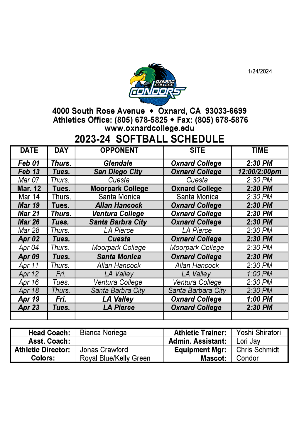 OC Softball Schedule