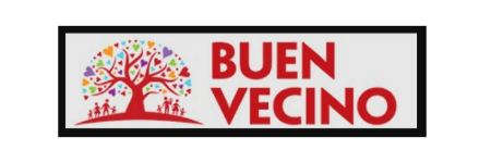 Buen Vecino logo in red font with tree logo in left corner with different colored hearts as leaves