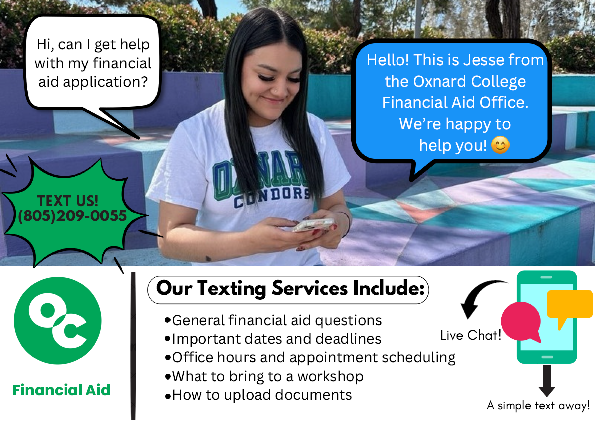 Texting is available for Financial aid our number is 805-209-0055.