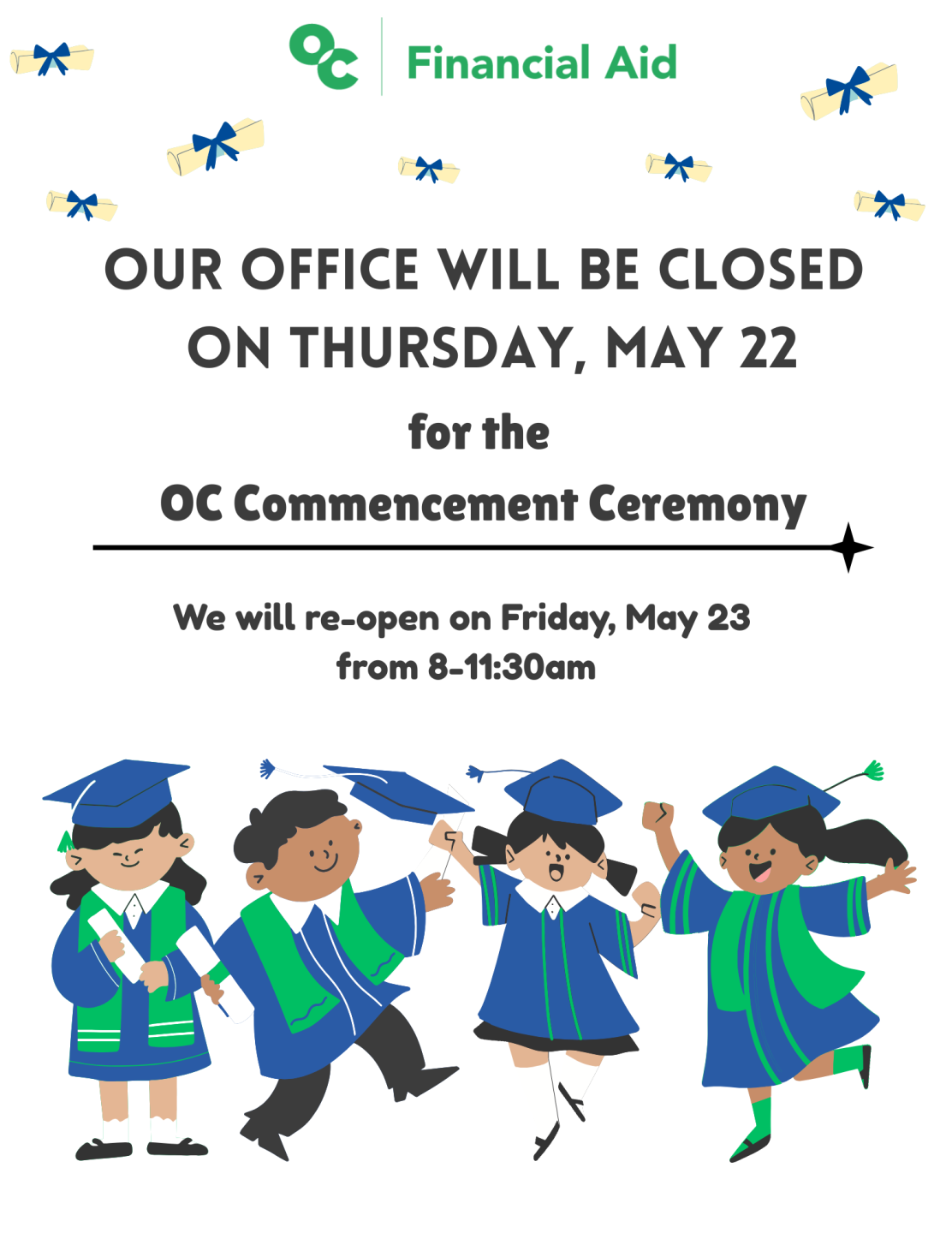Our office will be closed on Thursday, May 22 for OC commencement. We will re-open on Friday, May 23rd.