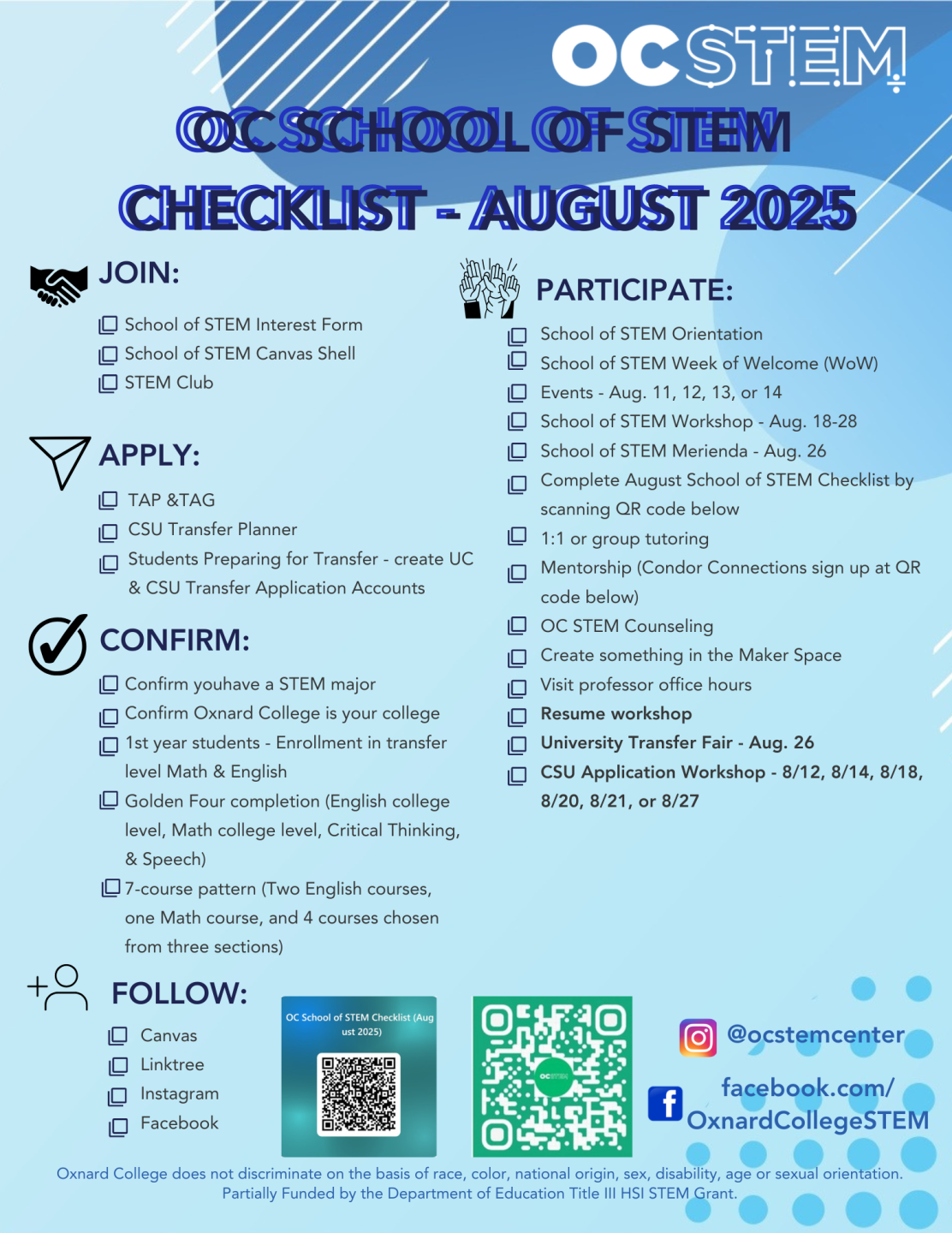 August 2025 School of STEM Checklist