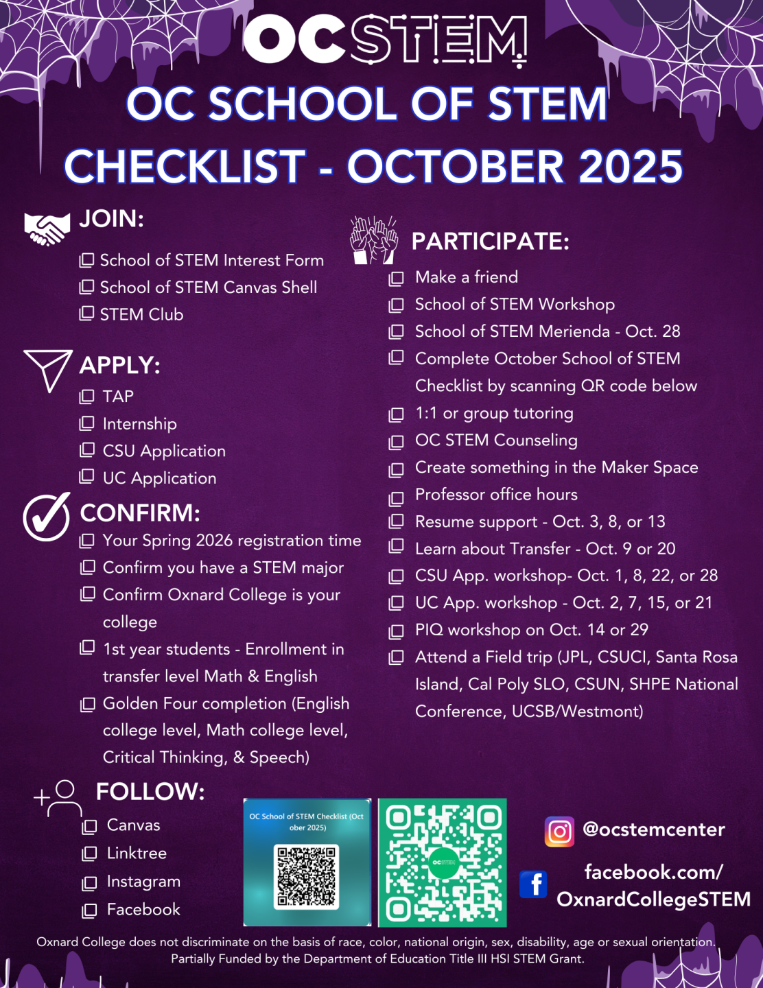 October 2025 School of STEM Checklist