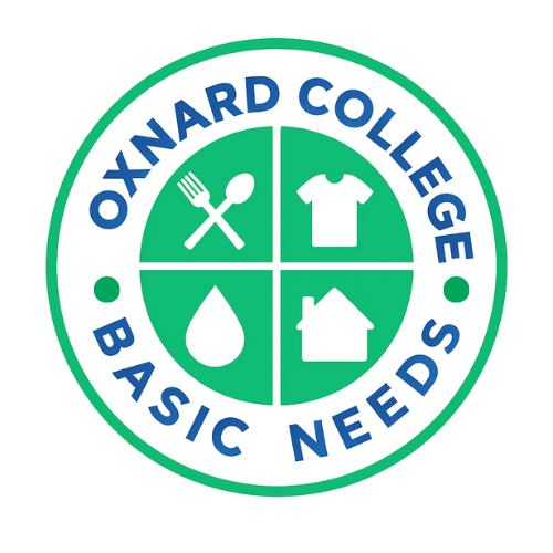 Oxnard College Condor Care Logo with spoon, fork, shirt, water drop, and house icons